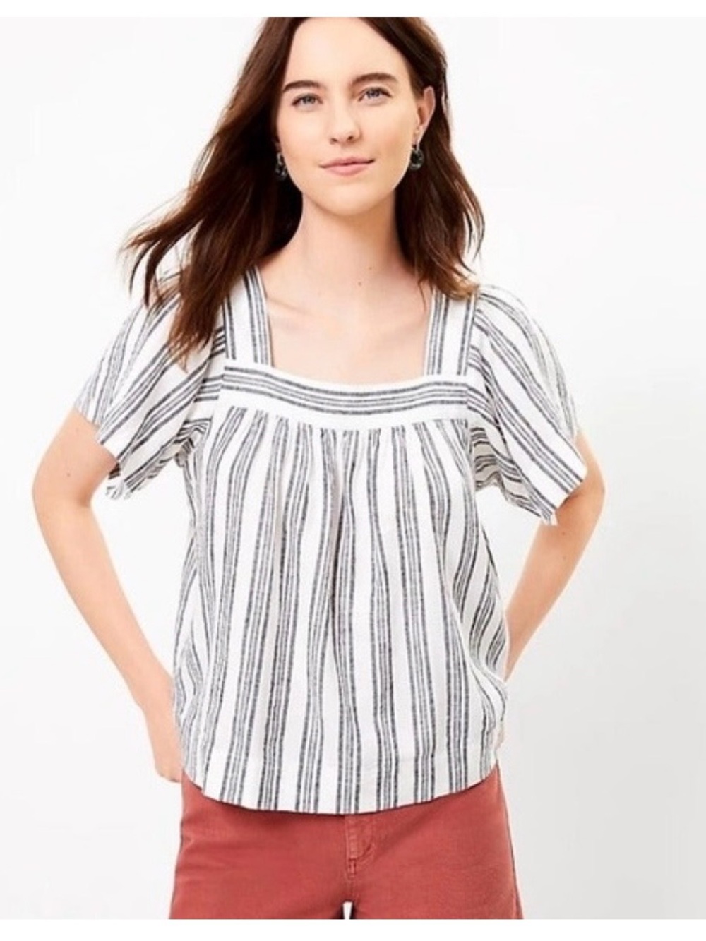 LOFT White and Black Striped Square-Neck Puff Sleeve Top (fits like a medium)